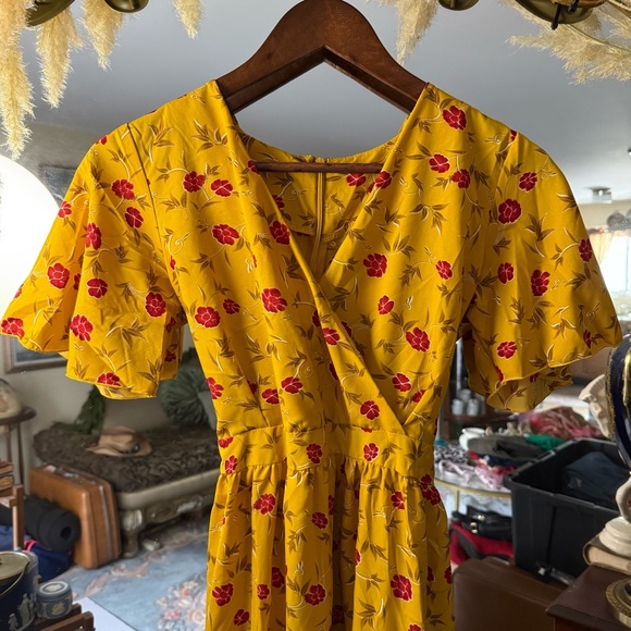 Floral Yellow and Red Handmade Lightweight Maxi Wrap Dress with Belt - Picture 2 of 9